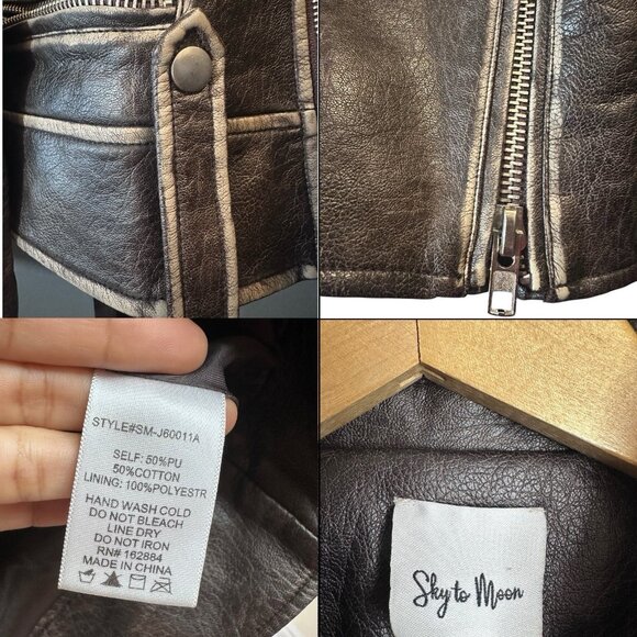 OVERSIZED Vintage Biker Style Vegan Leather Jacket Washed Size S M L Dark Brown - Picture 7 of 10